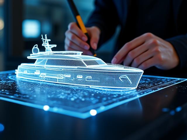 Un ingegnere di Rotta Infinita che lavora su un sofisticato modello 3D di un sistema di navigazione fuso con un'immagine astratta dell'acqua.